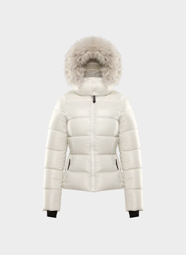 Damen-Daunenjacke mit Kapuze und Kunstfellkragen