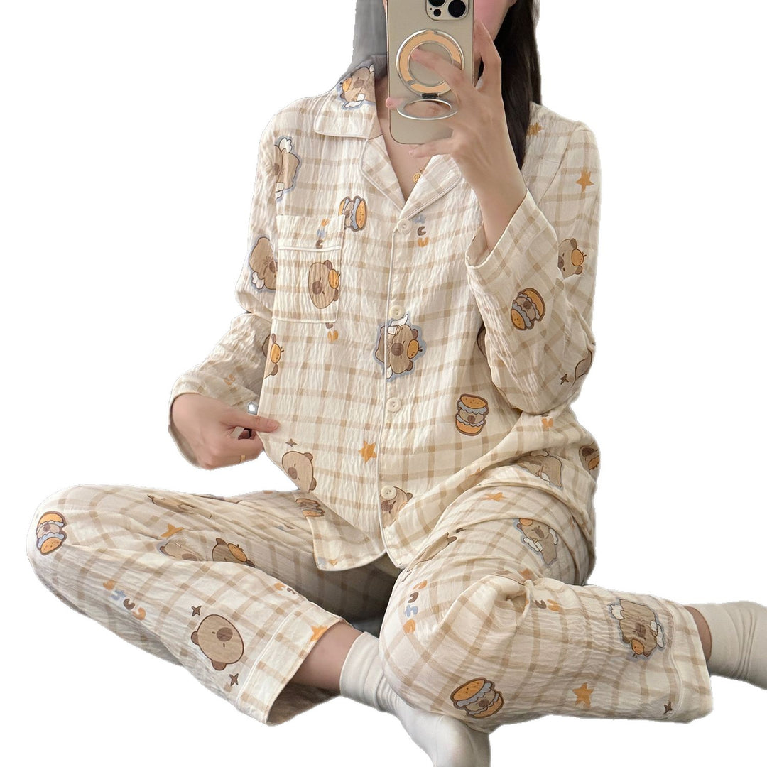 Damen-Pyjama-Set, langärmelig, Baumwolle, für Frühling und Herbst