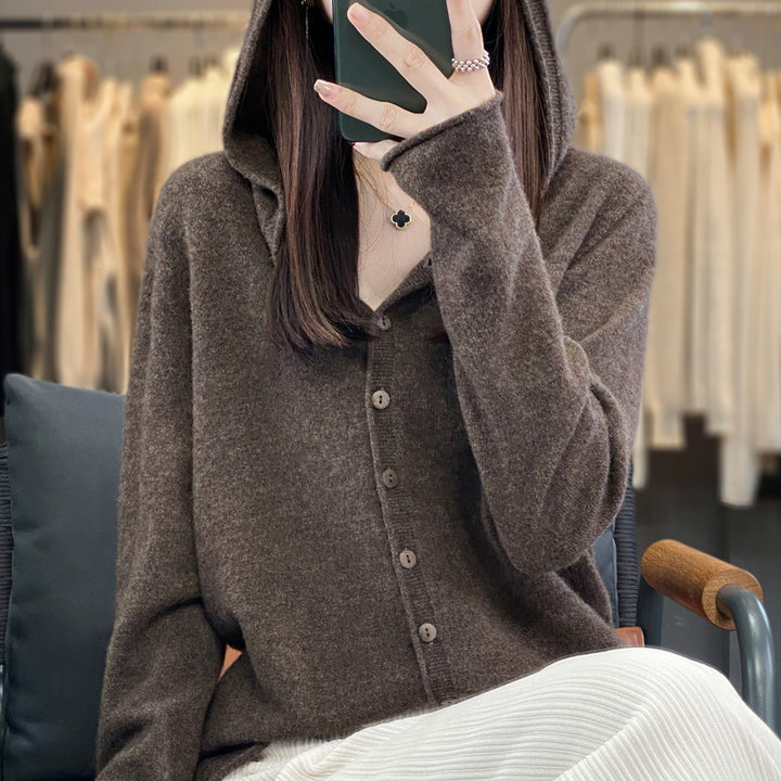 Damen-Strickjacke aus Merinowolle mit Kapuze