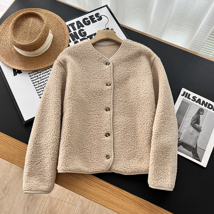 Warme Lammfleece-Strickjacke mit Rundhalsausschnitt für Damen