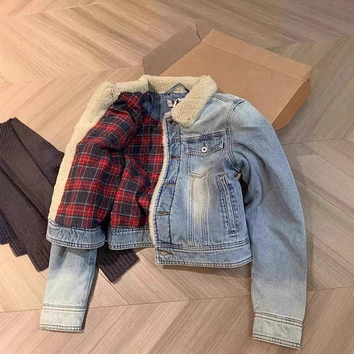 Vintage Jeansjacke mit Lammfleece-Futter