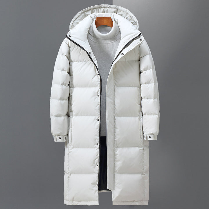 Lange, gefütterte Herren-Daunenjacke mit Kapuze