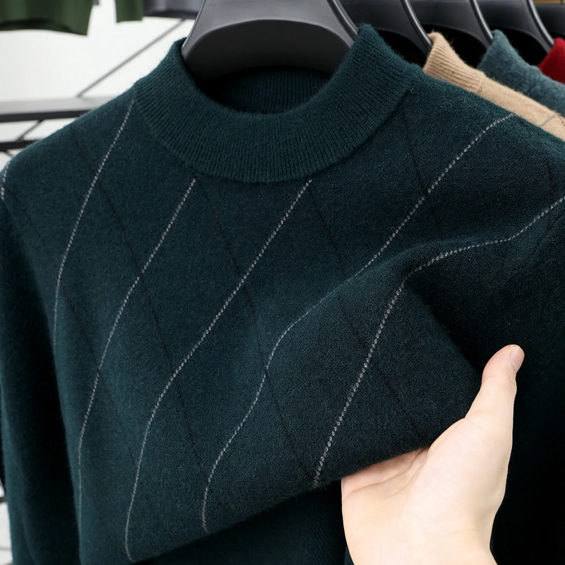 Herren-Wollpullover, kariert, Stehkragen, extra warm