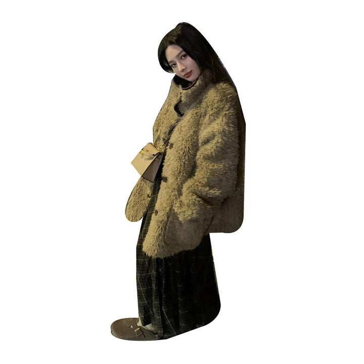 Wendbare Damen-Lammfellimitat-Jacke, mittellang
