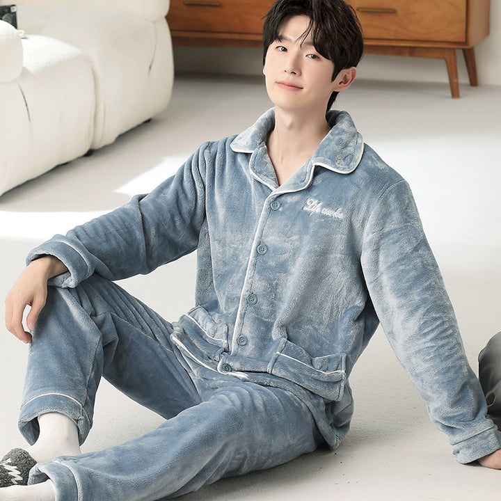 Herren-Pyjama-Set aus Flanell, bestickt, schlicht