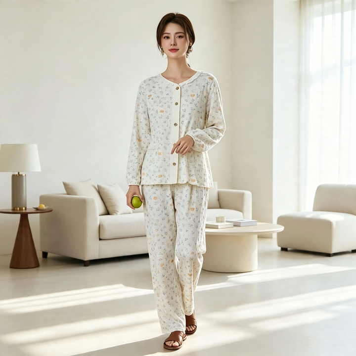 Damen-Pyjama-Set aus Baumwoll-Gaze, leicht, Landhausstil