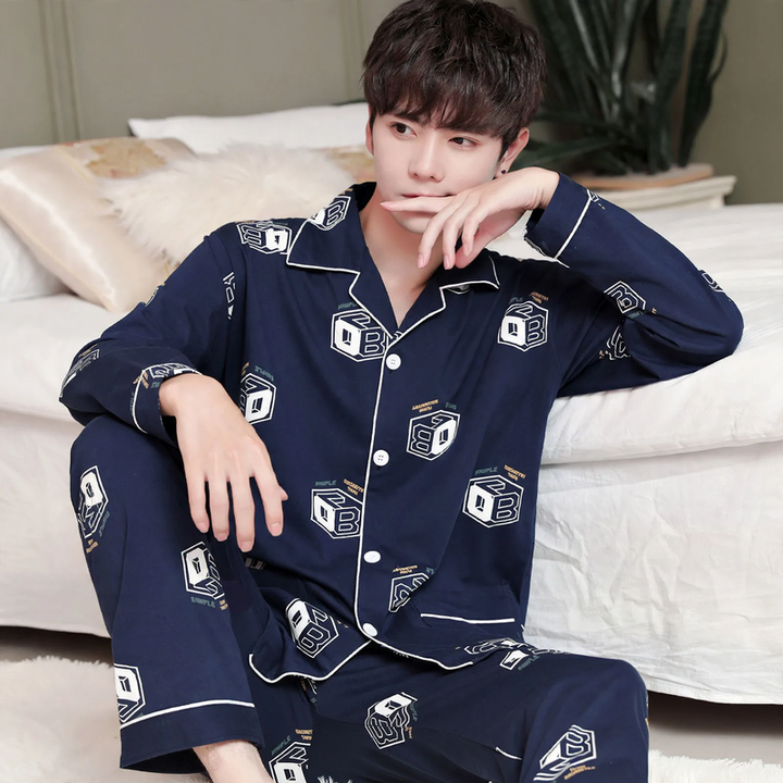Herren-Pyjama-Set, 100% Baumwolle, Langarm