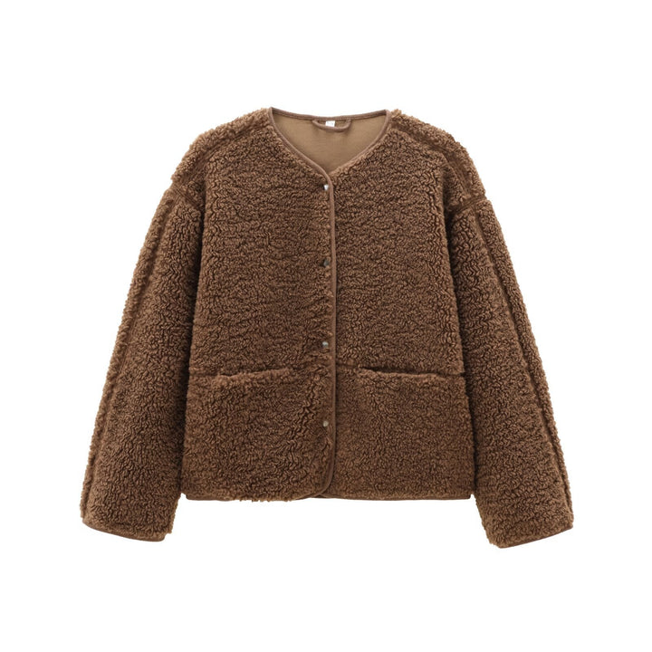 Damen Teddyfleece-Jacke, Rundhalsausschnitt, schlicht