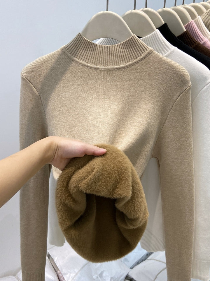 Gefütterter Damen-Strickpullover mit hohem Kragen