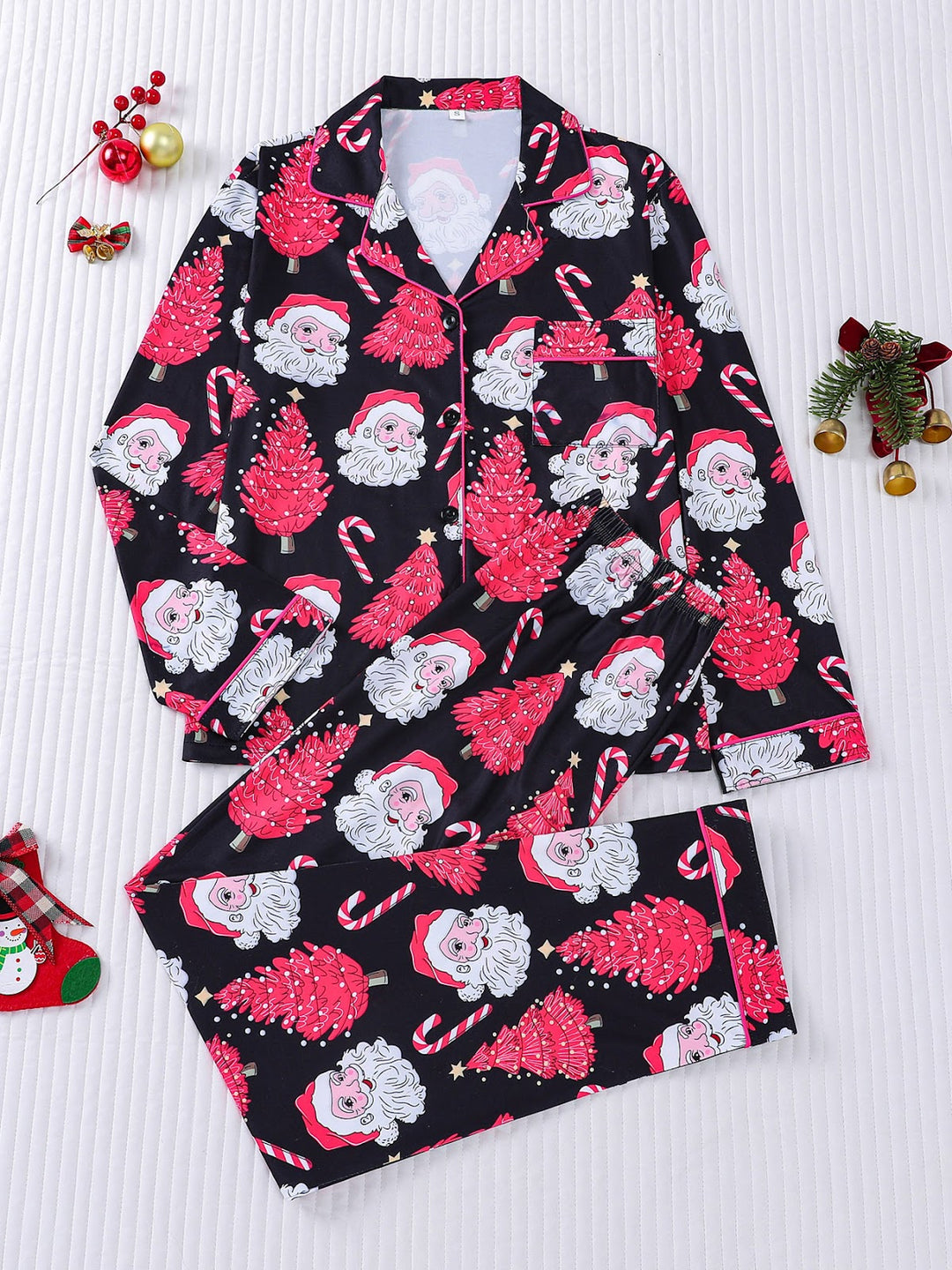 Damen-Pyjama-Set, Langarm, Weihnachtsmotiv, Reverskragen