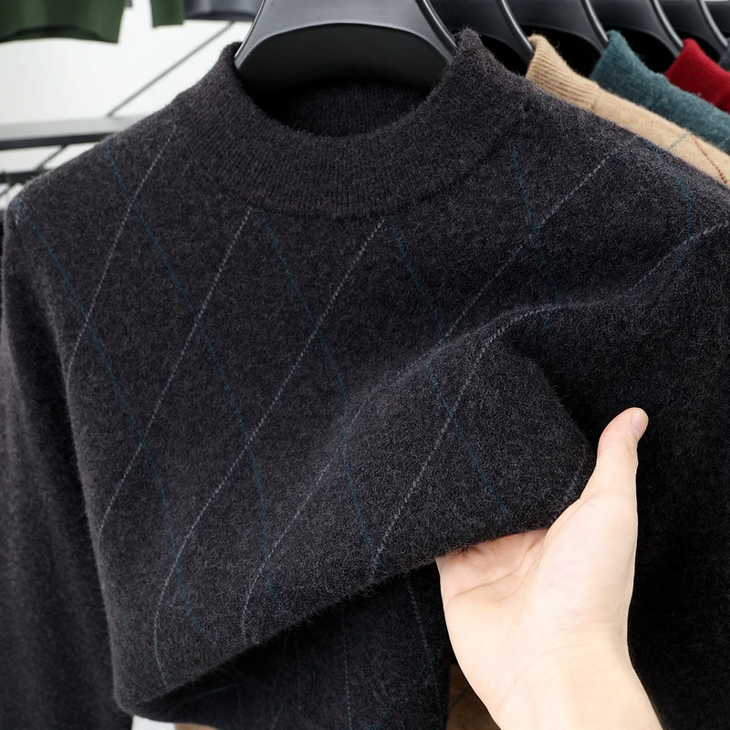 Herren-Wollpullover, kariert, Stehkragen, extra warm