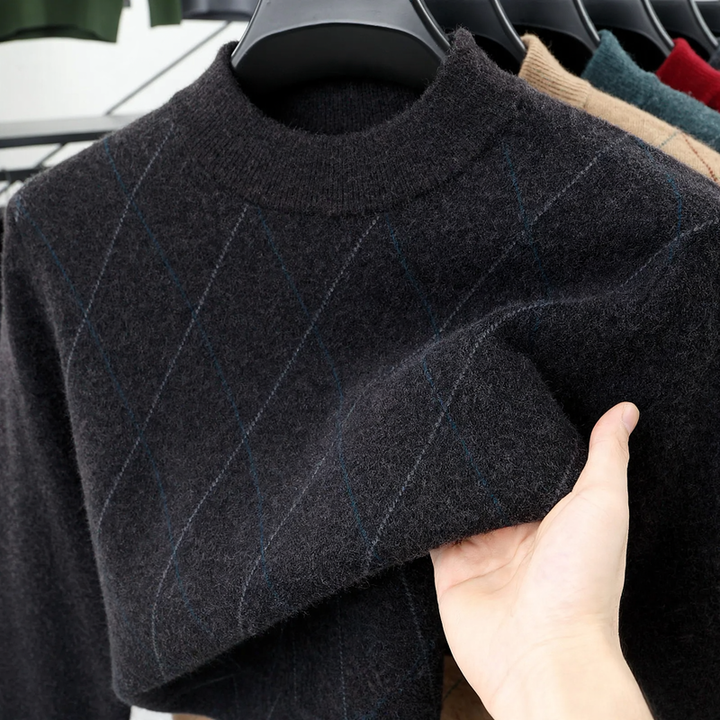Herren-Wollpullover, kariert, Stehkragen, extra warm