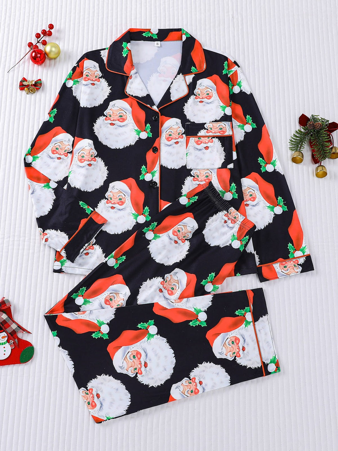Damen-Pyjama-Set, Langarm, Weihnachtsmotiv, Reverskragen
