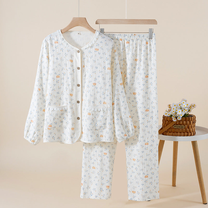 Damen-Pyjama-Set aus Baumwoll-Gaze, leicht, Landhausstil
