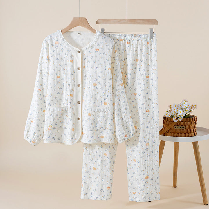 Damen-Pyjama-Set aus Baumwoll-Gaze, leicht, Landhausstil