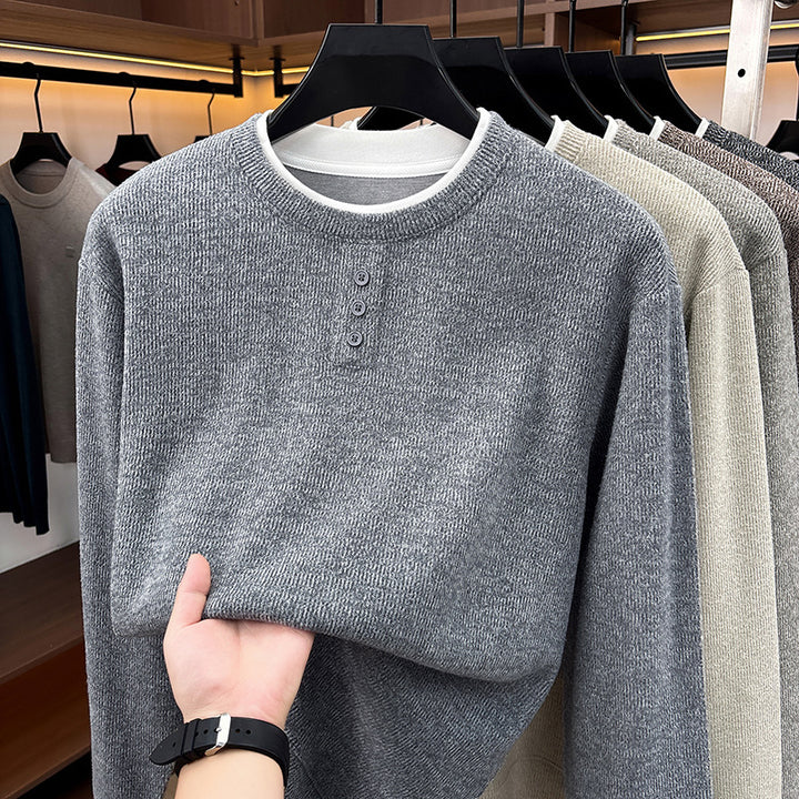 Herren-Strickpullover, Rundhalsausschnitt, Langarm, Fake-Layer-Optik