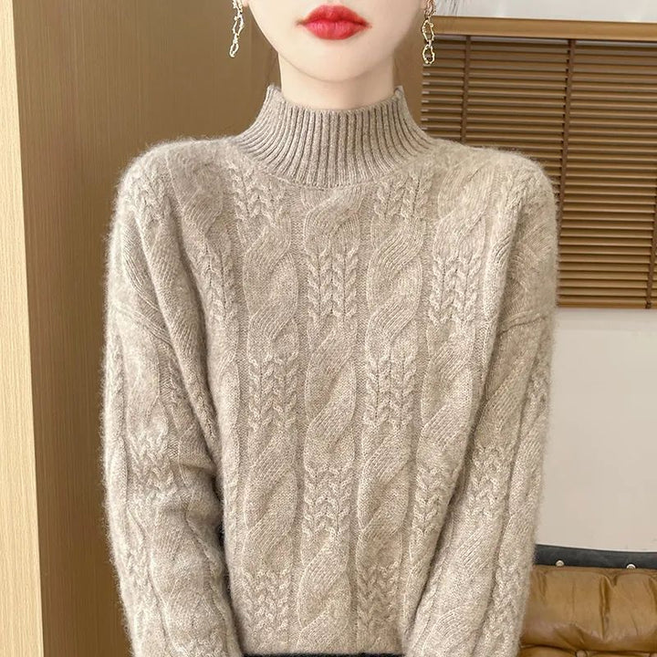 Damen Strickpullover, Stehkragen, Zopfmuster, 3D-Optik