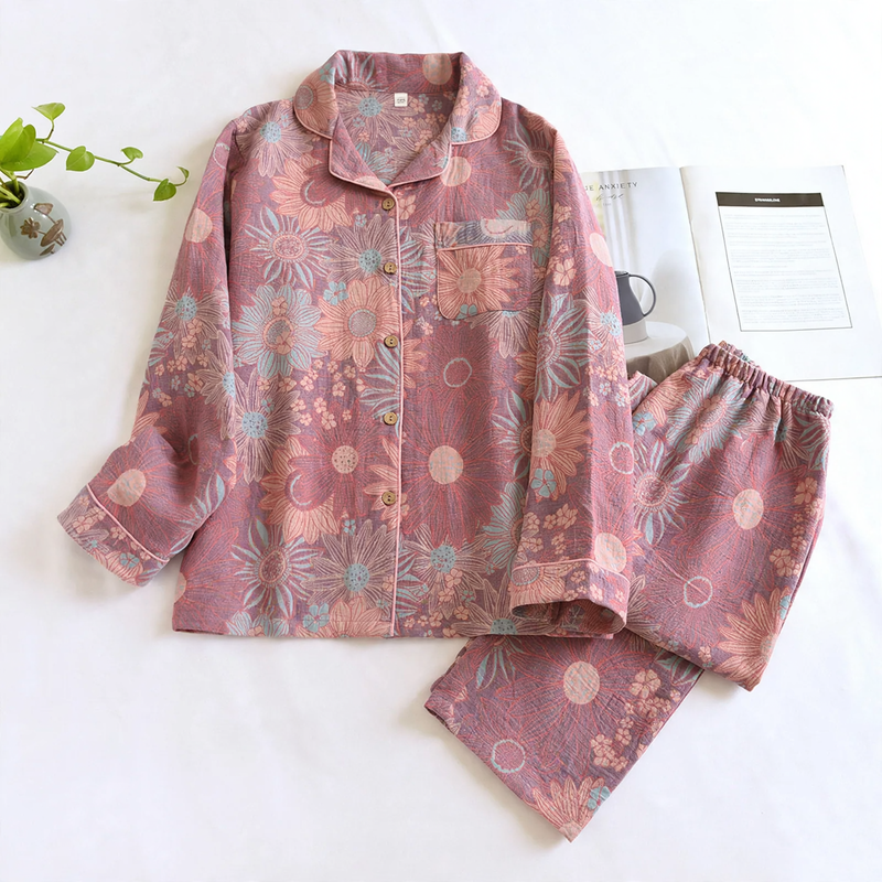 Damen-Pyjama-Set aus Baumwoll-Gaze, langärmelig, Vintage-Stil