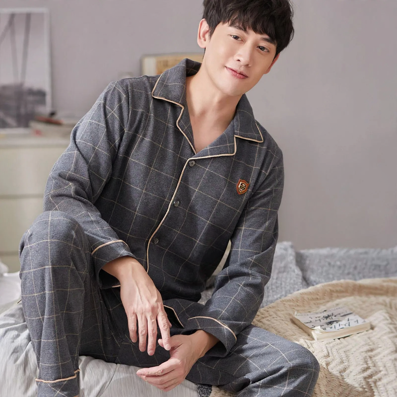 Herren-Pyjama-Set, 100% Baumwolle, langärmelig, geknöpft