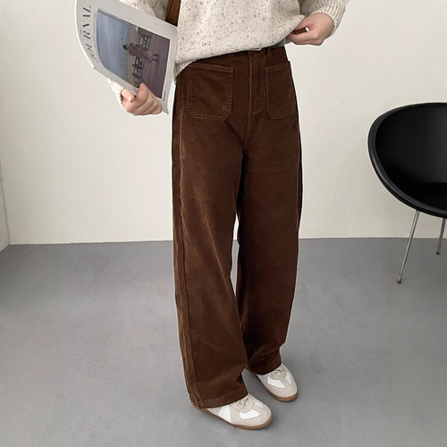Kord-Weithose für Damen mit Taschen, hoch tailliert