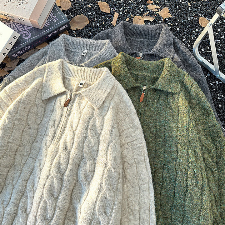 Herren-Strickpullover mit Reißverschluss und Zopfmuster