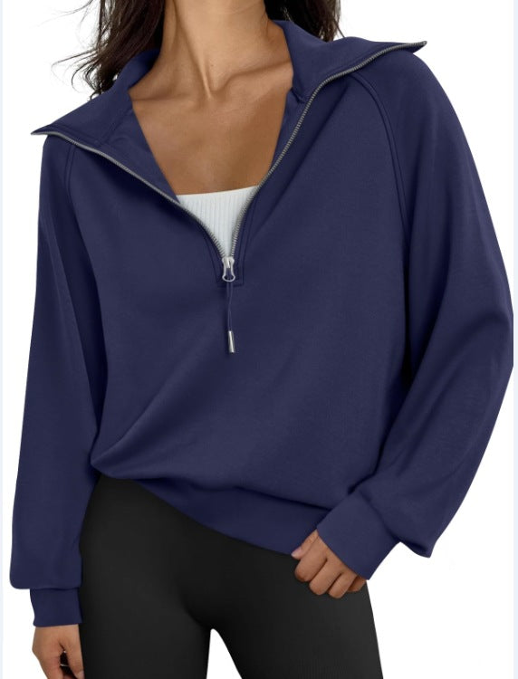 Kurzes Damen-Sweatshirt mit halbem Reißverschluss und Stehkragen
