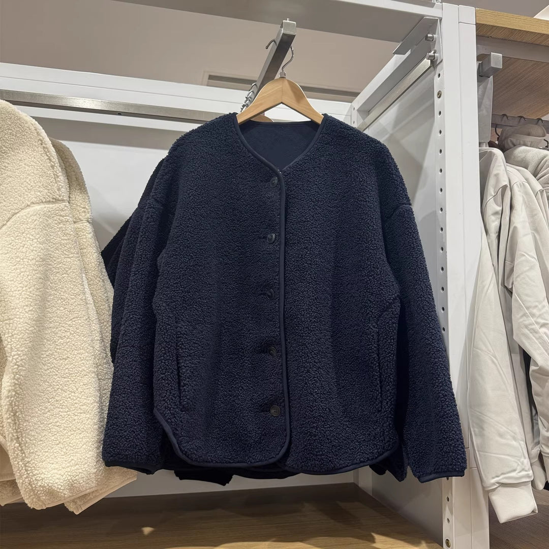 Lässige Fleece-Strickjacke mit Lammfell-Optik