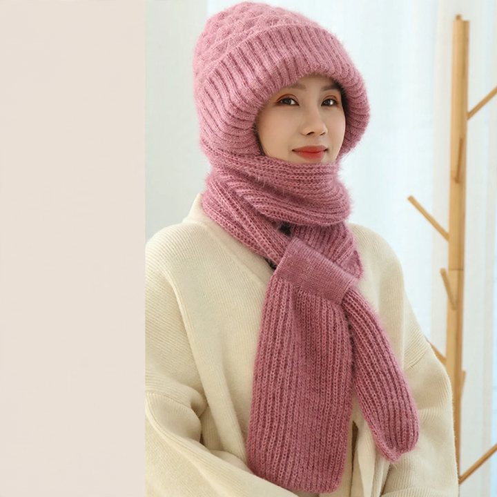 Gefütterte Strickmütze mit Schal für Damen