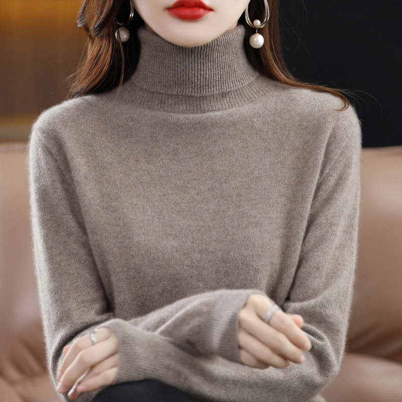 Damen-Rollkragenpullover aus reiner Wolle, locker geschnitten