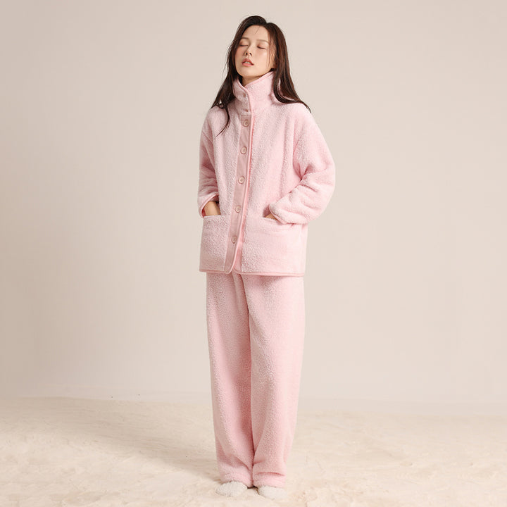 Warmer Korallenfleece-Schlafanzug mit Revers für Paare