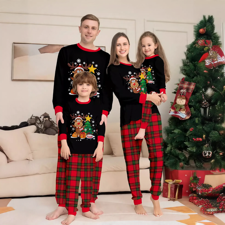 Weihnachts-Familien-Schlafanzug, Rentier- und Karomuster