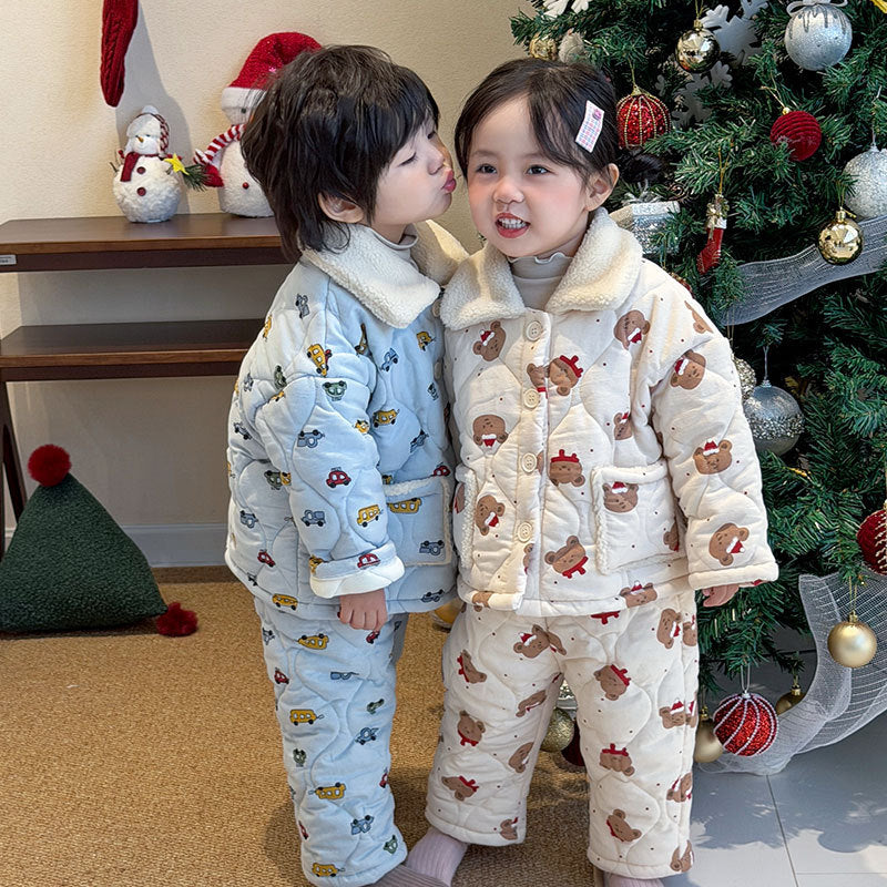 Gefüttertes Kinder-Pyjama-Set, 3-lagig, warm für den Winter