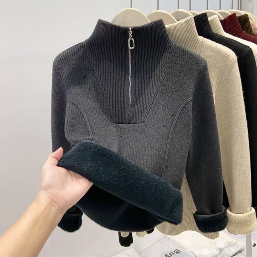 Gefütterter Damen-Strickpullover mit Reißverschluss