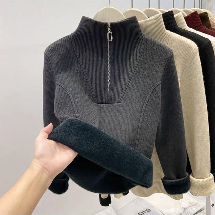Gefütterter Damen-Strickpullover mit Reißverschluss