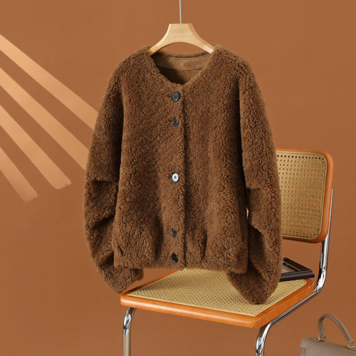Damen-Lammfelljacke, 100% Schafwolle, lockerer Schnitt