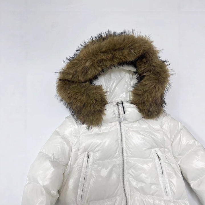 Damen-Daunenmantel mit abnehmbarem Kunstfellkragen