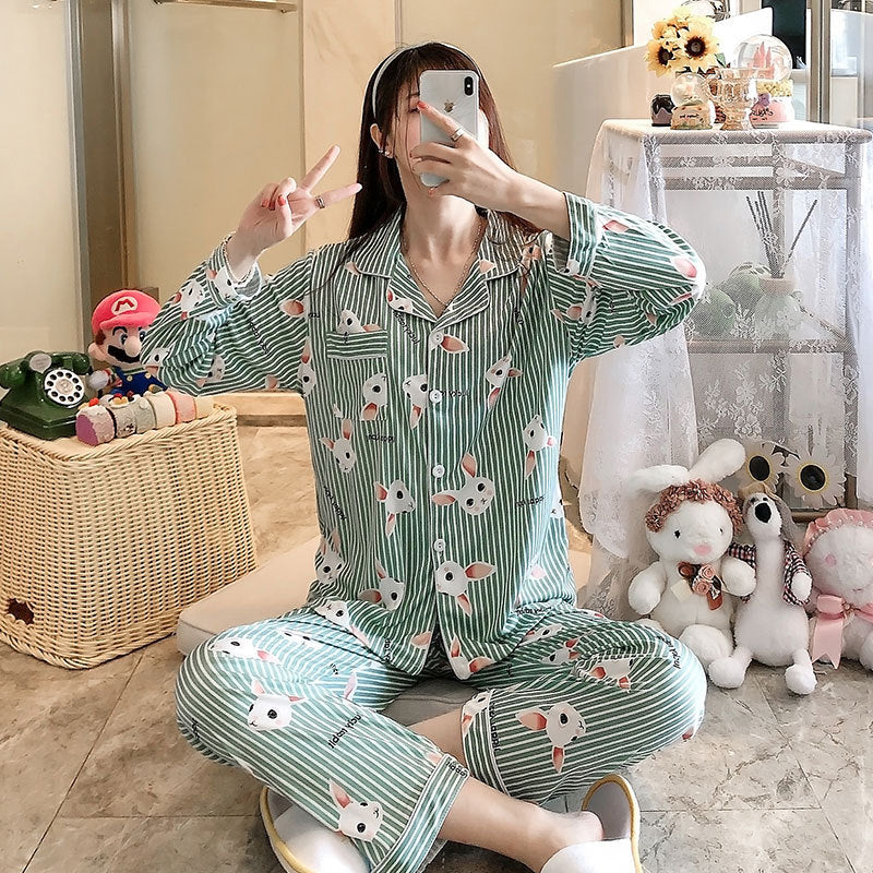 Damen-Pyjama-Set, langärmelig, geknöpft, verspieltes Design