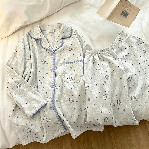 Damen-Pyjama-Set, Baumwolle, Reverskragen, Langarm