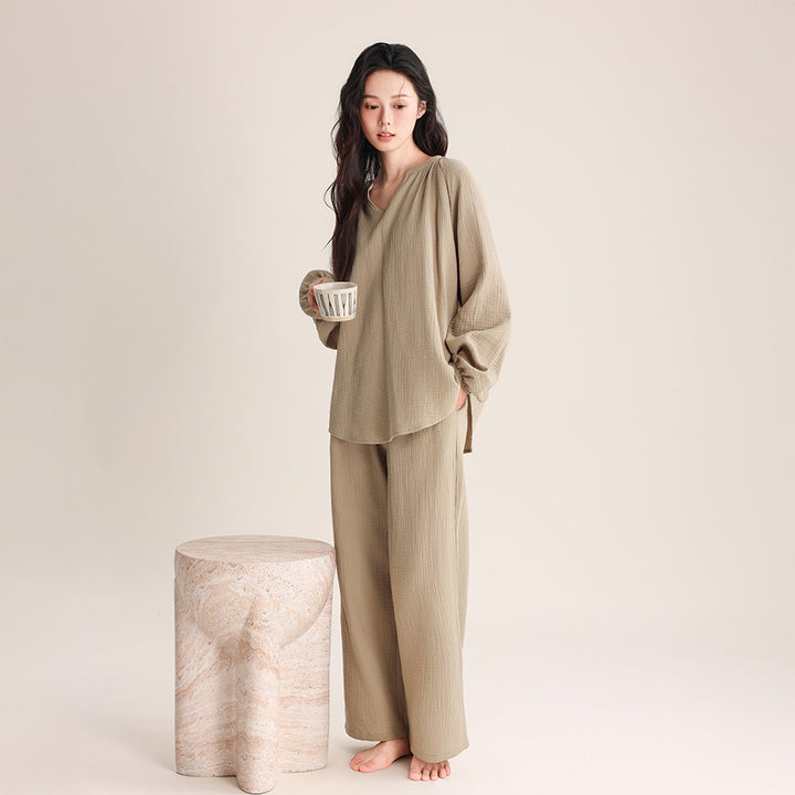 Damen-Pyjama-Set, Doppelschicht-Gaze, V-Ausschnitt