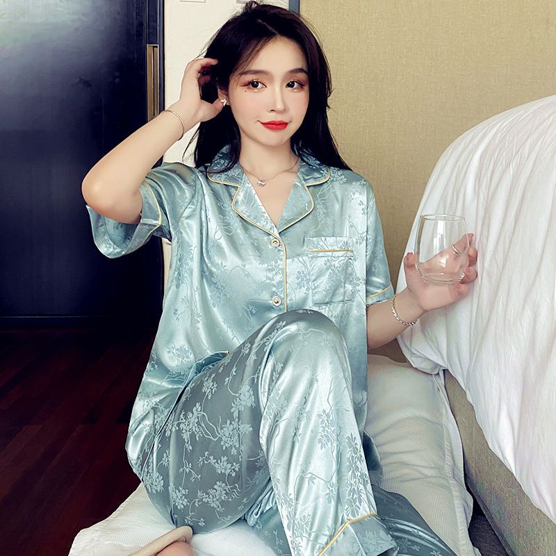 Damen-Pyjama-Set, Eisseide, Kurzarm, lange Hose