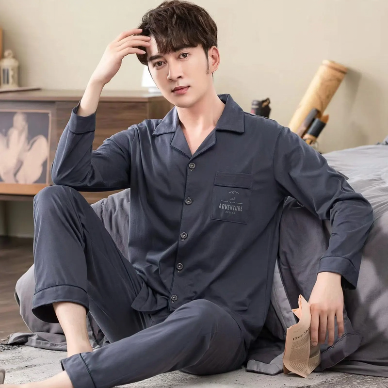 Herren-Pyjama-Set, 100% Baumwolle, langärmelig, geknöpft