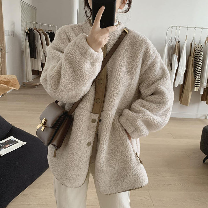 Damen-Lammfellimitat-Jacke, Stehkragen, gefüttert