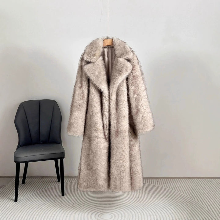 Langer Kunstfell-Mantel mit Revers für Damen