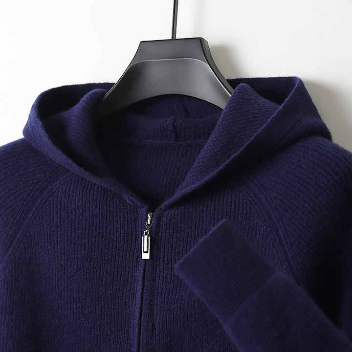 Herren-Strickjacke mit Kapuze, 100% Wolle