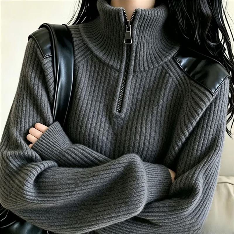 Damen-Strickpullover mit Reißverschluss und Stehkragen
