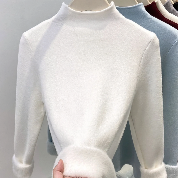 Damen-Strickpullover mit Stehkragen und Fleecefutter
