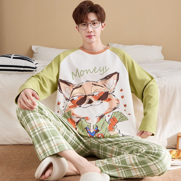 Herren-Pyjama-Set, Baumwolle, Langarm, große Größen