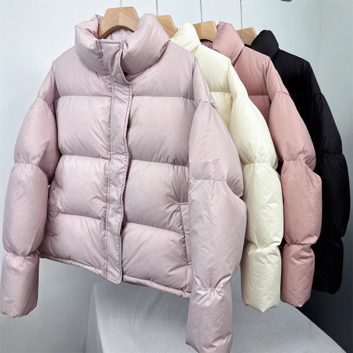 Kurze Daunenjacke für Mädchen, 95% weiße Entendaunen, Stehkragen