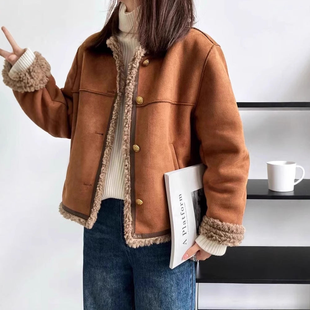 Damen-Winterjacke, Plüsch-Optik, gefüttert, lässiger Stil