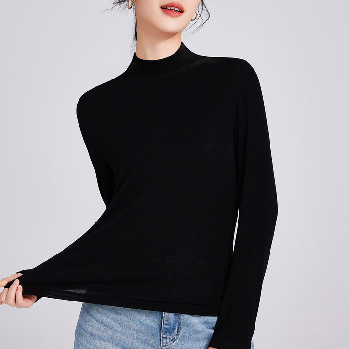 Damen-Langarmshirt aus Wollmischung mit Stehkragen